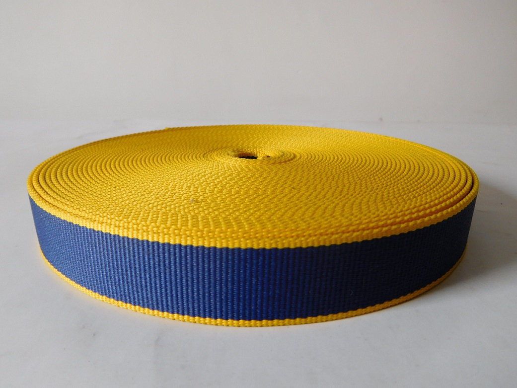 25mm blue&yellow secondary color polyester webbing for dog belt