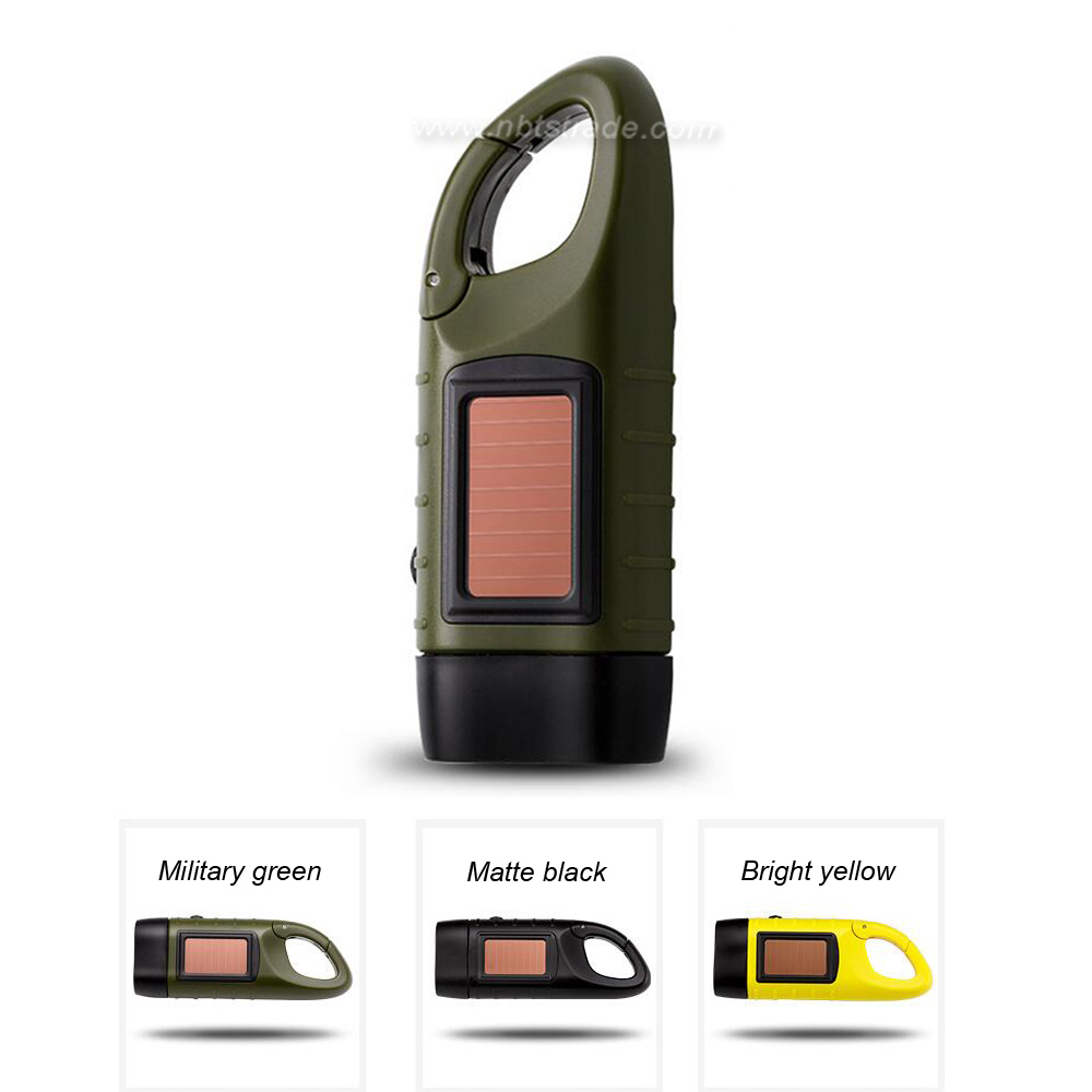 Dynamo Hand Crank And Solar Power LED Flashlight with Carabiner Clasp