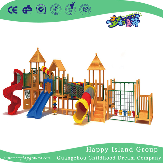Parque de atracciones al aire libre Campo de juegos de madera de la diapositiva de la combinación (HF-17202)