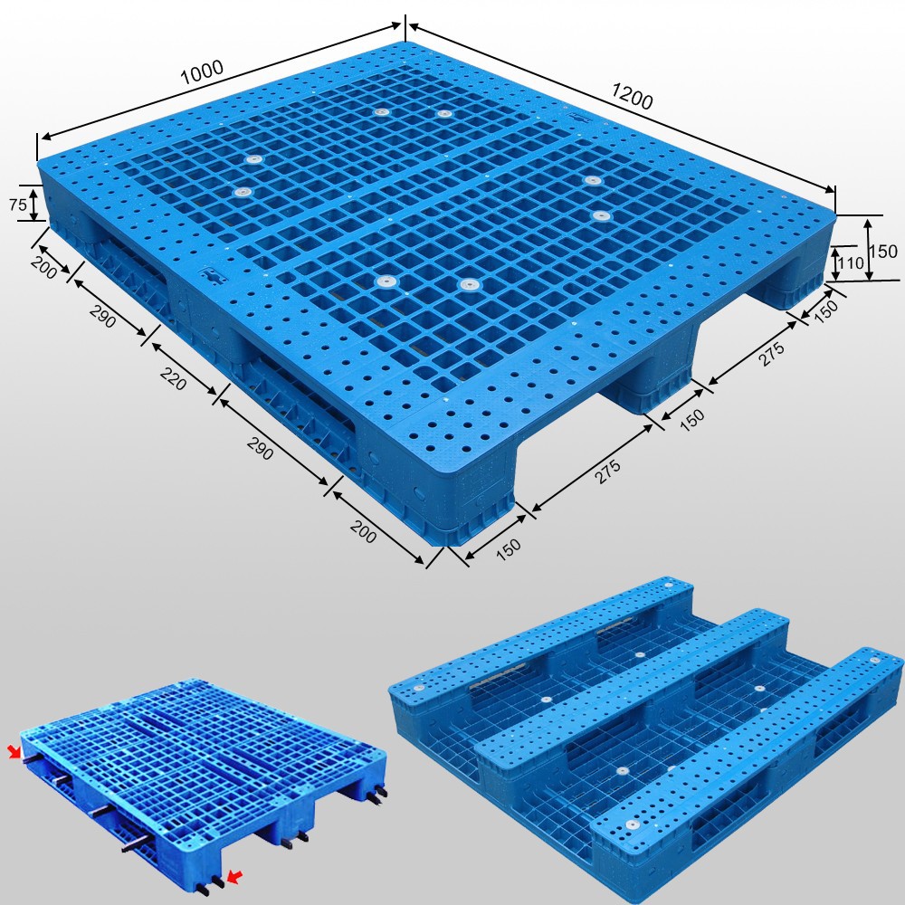 Paleta de plástico industrial de 1200 * 1000 * 150 mm con 3 guías y plataforma de lío