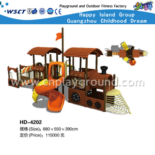 Le terrain de jeu en acier galvanisé par enfants d'école de train en plein air avec la glissière en spirale sur la remise (HD-4202)