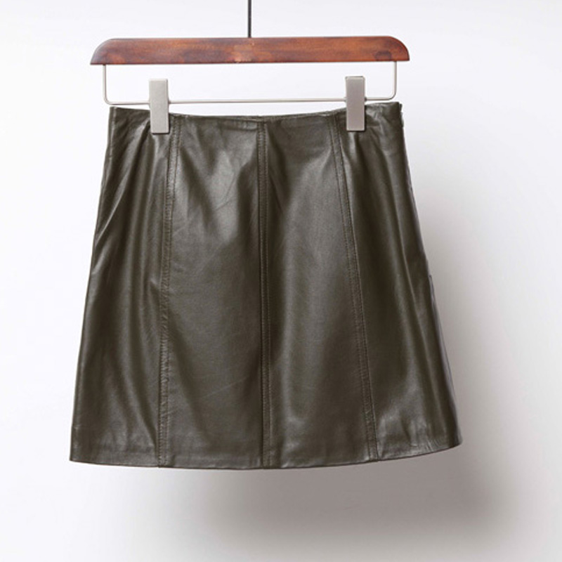 P18E095BE women solid mini slim fit sheepskin big pocket leather skirt with button