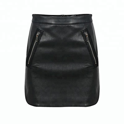 P18E040BE women basic solid casual mini wrap leather skirt with zipper pocket