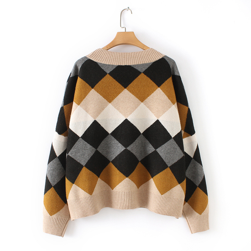 2019 Spring Women's Wool Cashmere Knit Blank Sweater Cardigan with Diamond Jacquard