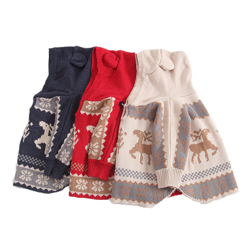P18B038BE kids autumn winter knitted merino wool cute jacquard design cloak shawl
