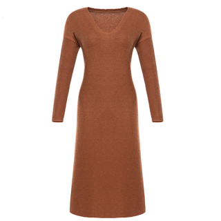 P18B020BE women's autumn winter merino wool knitted solid color V-neck long length dress sweater design