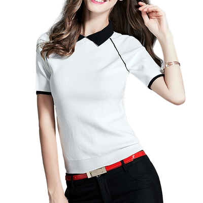 P18B062CH classic women knit polo neck short sleeves cotton sweater T shirt