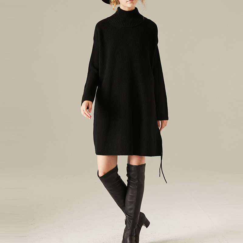 P18B105BE women's autumn winter cashmere knitted solid color turtle neck cable design long dress sweater