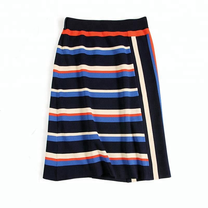 P18B064BE women's summer silk cashmere short sleeve sports fashion striped sweater and skirt suits