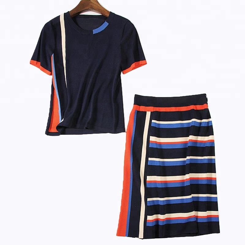P18B064BE women's summer silk cashmere short sleeve sports fashion striped sweater and skirt suits