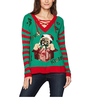 PK1874HX Ugly Christmas Sweater Women's Pugs and Kisses V-Neck Lace Up Pullover