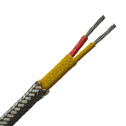 Fiberglass insulated parallel construction thermocouple wire and thermocouple extension wire with metal overbraid - Single pair