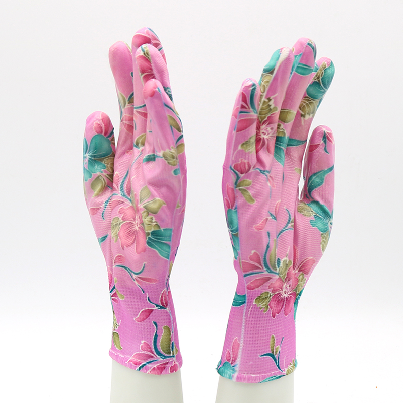 Waterproof Polyester Liner Pink Floral Nitrile Work Garden Gloves