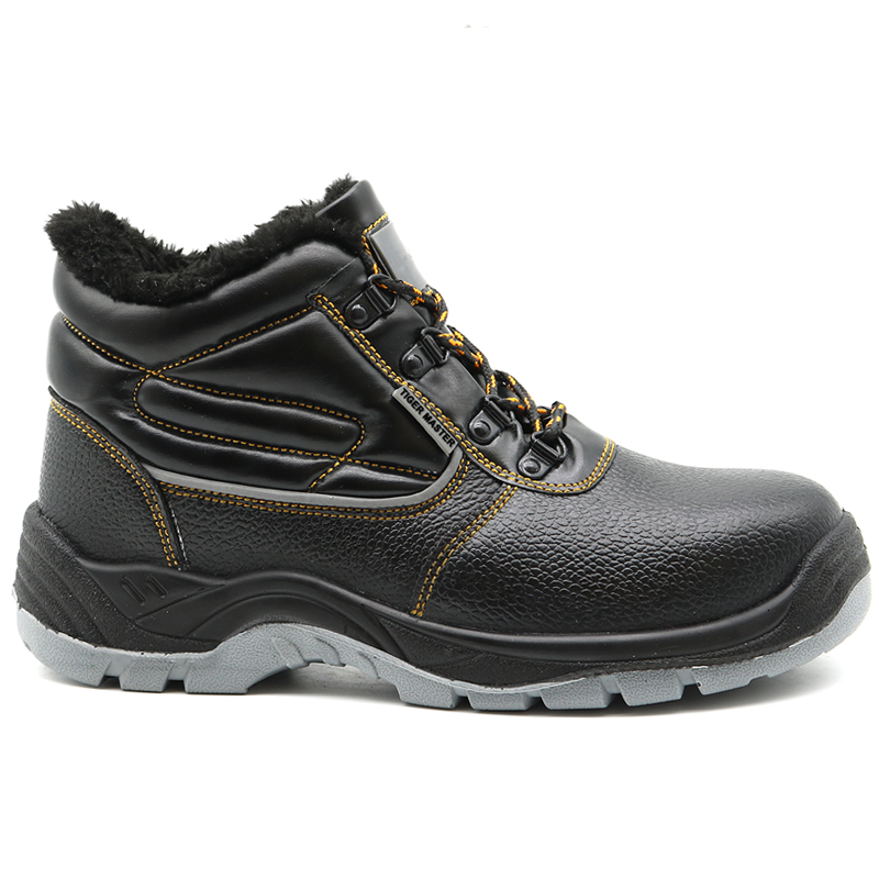 Black leather fur lining winter safety shoes steel toe cap