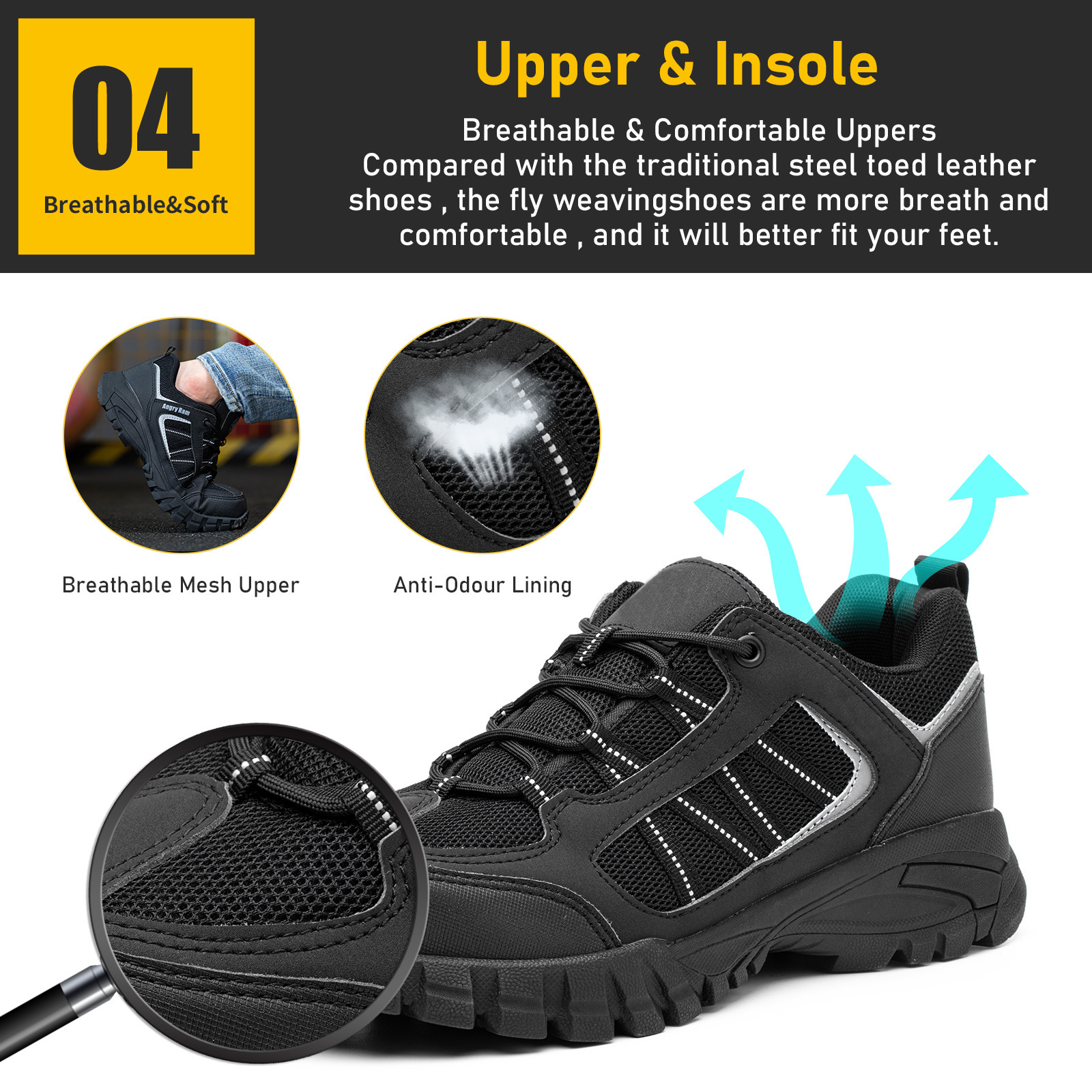 Black Anti Puncture Industrial Safety Shoes Steel Toe