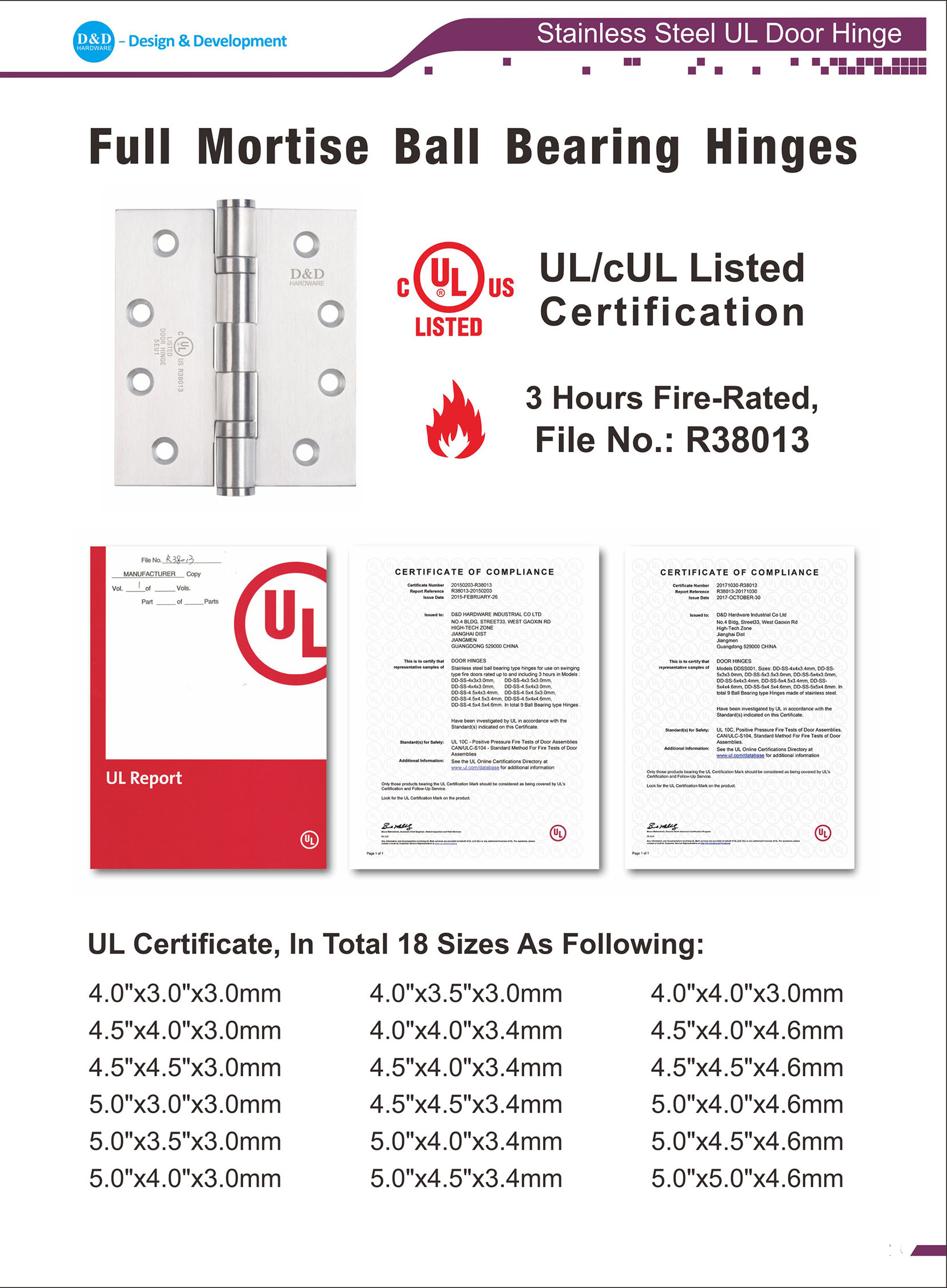Bisagra para puerta con clasificación de fuego UL 4.5 "para puerta de acero-DDSS004-FR