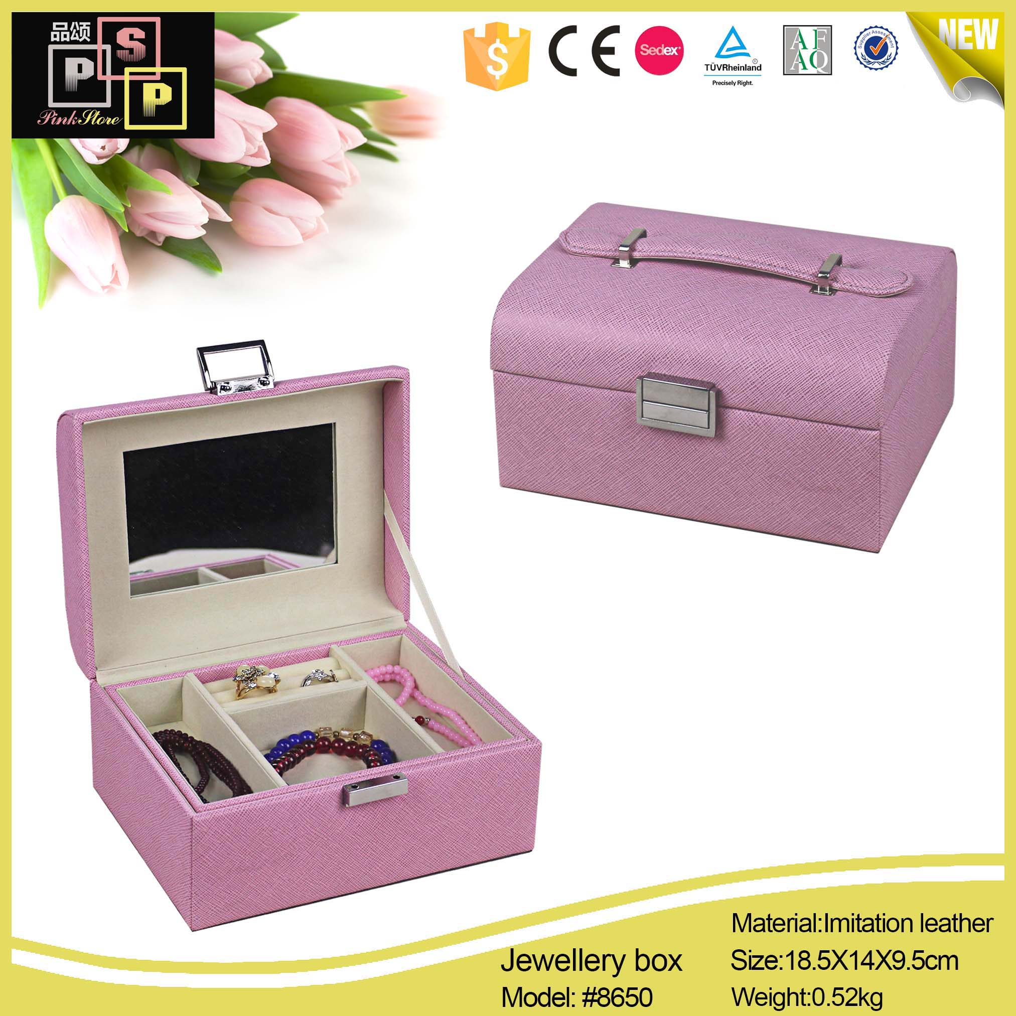 Pink Italian PU Leather 2 pieces round Top Jewelry Box Locked and mirrored