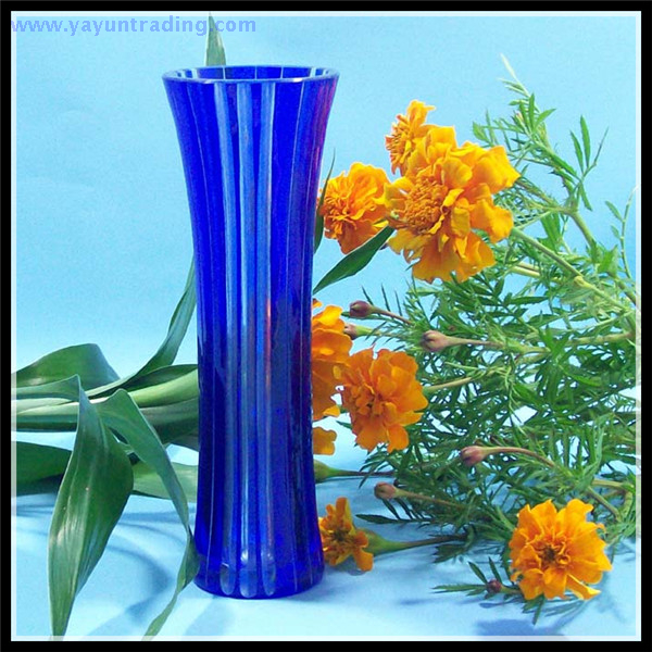 Cobalt blue Bohemian Czech hand etched glass flower vase 