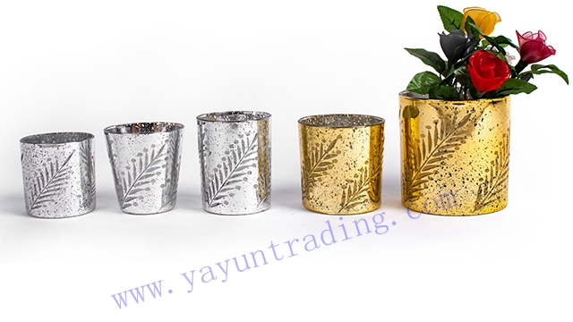 gold and silver electroplated embossed glass candle jar and vase
