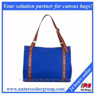 Canvas Tote with Leather Trim and Metal Details