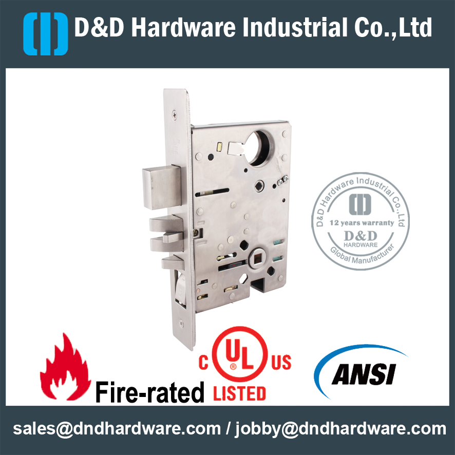 Cerradura de puerta de madera de mortaja resistente al fuego UL ANSI Grado 1 SS304-DDAL20 F20