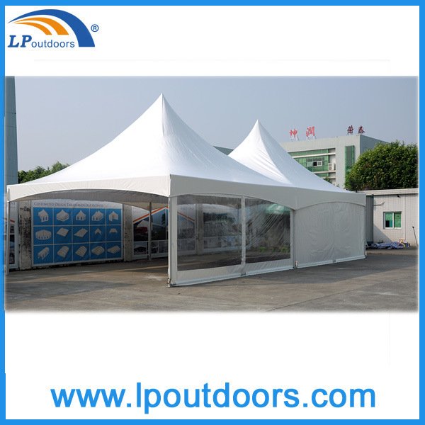 6X12米 小型白色室外活动展览双顶尖塔帐篷 配PVC透明窗户