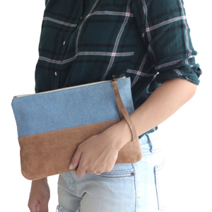 Leather Denim Wristlet Zipper Pouch 