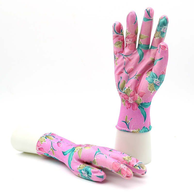 Waterproof Polyester Liner Pink Floral Nitrile Work Garden Gloves