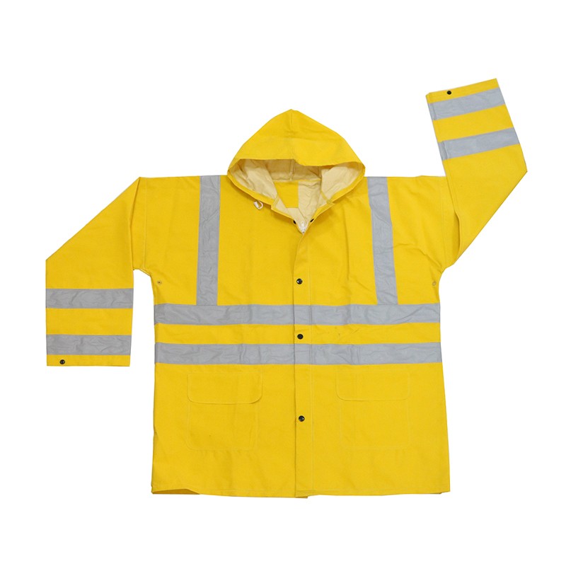Heavy duty yellow PVC polyester PVC water proof raincoats with reflective stripe