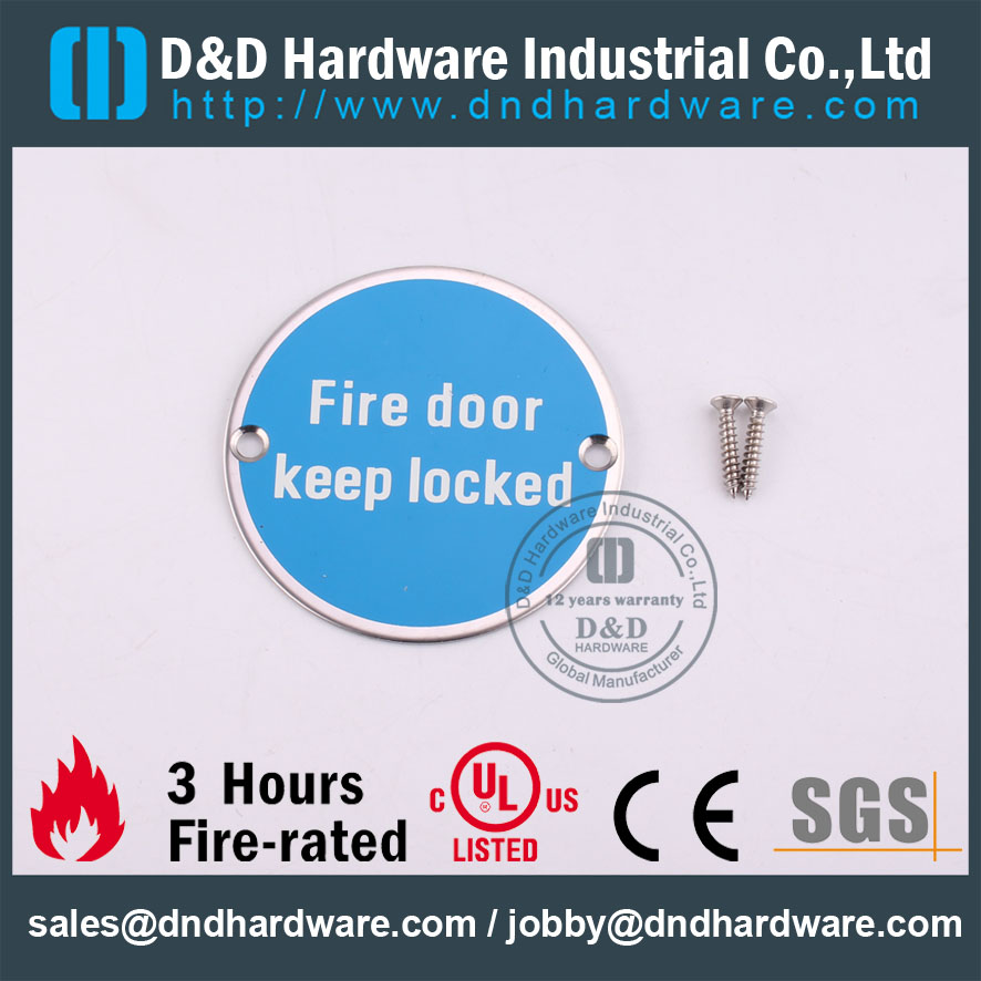 Placa de señalización circular de indicación de puerta de incendio SUS304 para puertas de madera -DDSP007