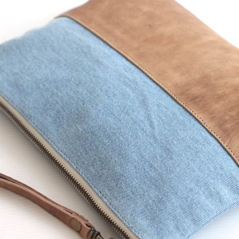 Leather Denim Wristlet Zipper Pouch 