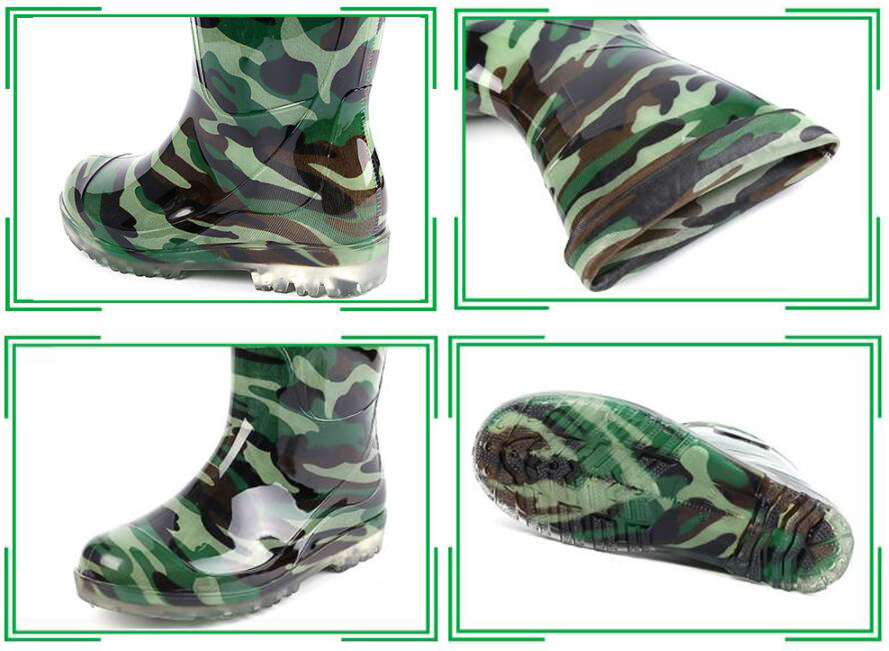 Waterproof Non Safety Camouflage Shiny Pvc Rain Boots