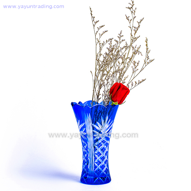 Bohemian Czech Hand Cutting Cobalt Blue Glass Flower Vase for Decoration