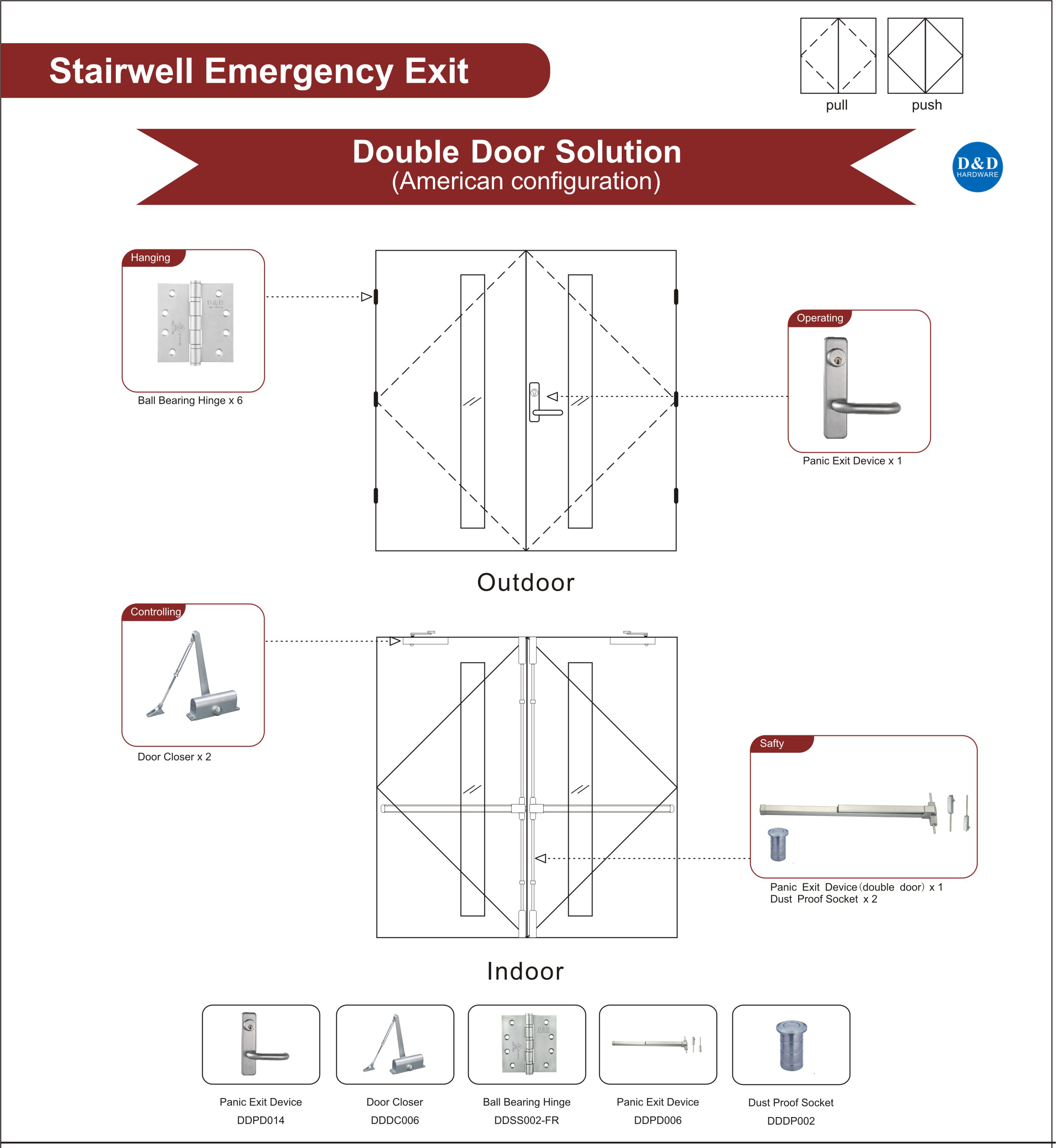 Stairwell Emergency Exit Fire Rated Steel Double Door Ironmongery for Gymnasium D&D HARDWARE