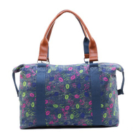 SP7083 Fashion printed denim handbag travel duffle bag with faux leather for hiking
