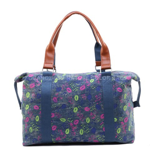 SP7083 Fashion printed denim handbag travel duffle bag with faux leather for hiking