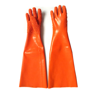 65 cm long waterproof oil acid resistant anti slip particles adult fishing industry orange pvc gloves
