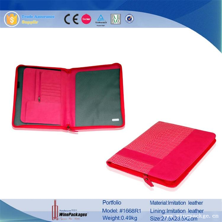 A4 Folder Zipped Women Red Leather Portfolio with Document Folder