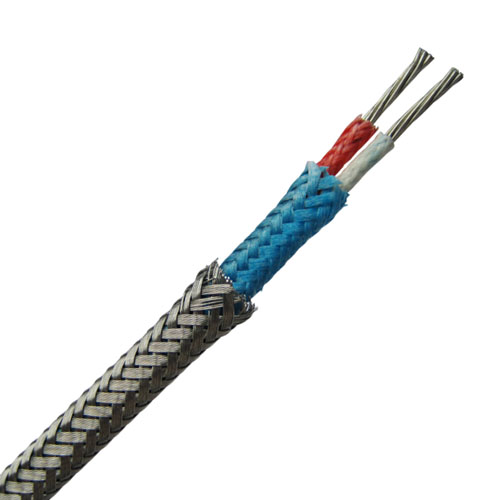 Fiberglass insulated parallel construction thermocouple wire and thermocouple extension wire with metal overbraid - Single pair