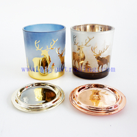 White and blue colored engraving deer pattern glass votive candle holders with decor lids for sale