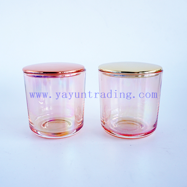 Ion plating luxury pink glass candle holder 8oz small empty candle containers with gold rose gold lids