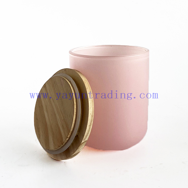 Delicate Frosted Pink Round Empty Glass Candle Votive Jar with Lid for Decoration