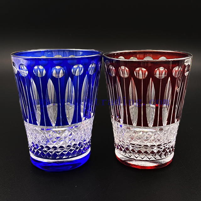 Hot Sale Ruby Red Blue Hand Cut To Clear Whiskey Glass Cup Hand Polished Glass Tumbler 