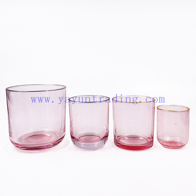 Luxury Shiny Votive Holder Custom Painted Vogue Empty Pink Glass Candle Jars with Gold Rim