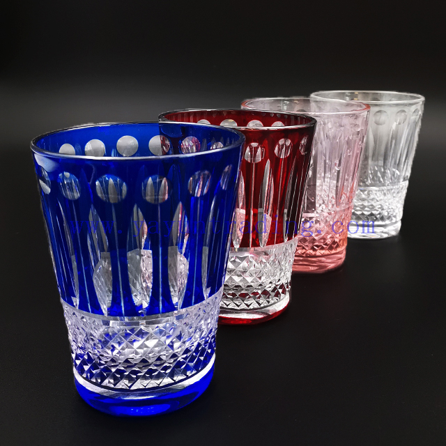 Hot Sale Ruby Red Blue Hand Cut To Clear Whiskey Glass Cup Hand Polished Glass Tumbler 