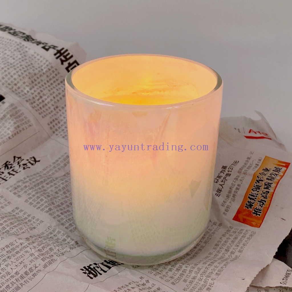 16oz White Pearl Iridescent Candle Holder Luxury Glass Holographic Jar For Candle Making
