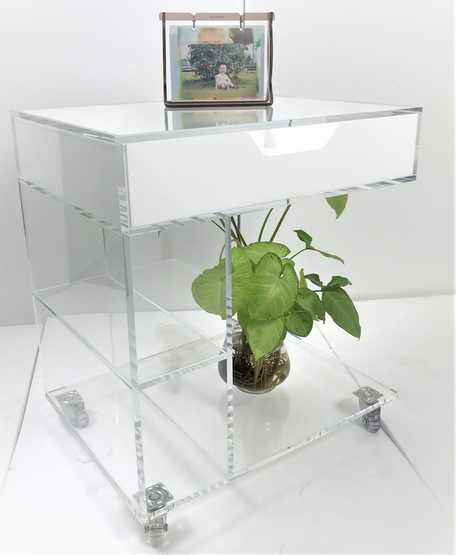 Hot selling New Design Acrylic Living Room Furniture Lucite Side Table With Drawer And Wheels
