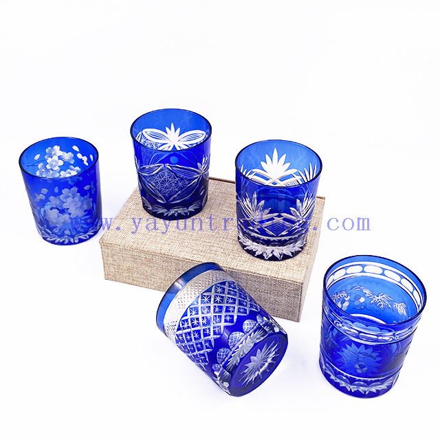 Bohemia Style 260ml Tumblers Overlay Hand Etched Bright Blue Wine Whisky Drinking Ware