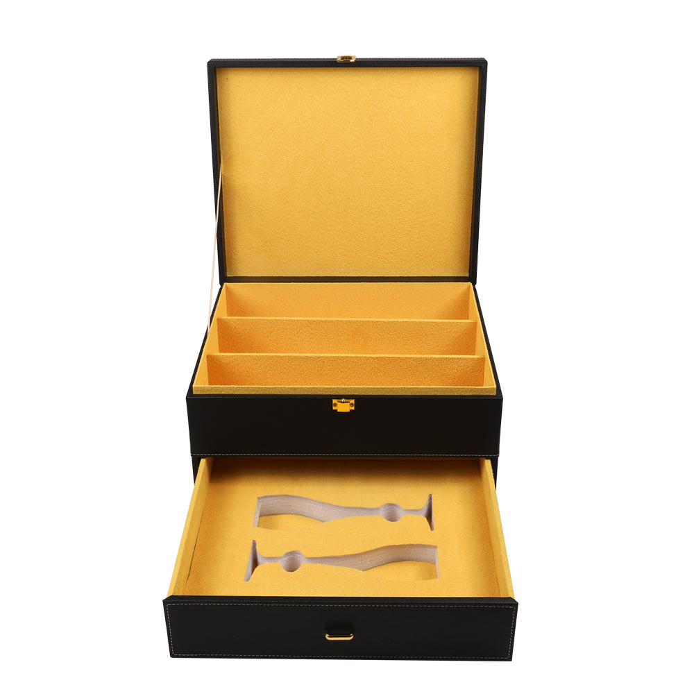 Luxury Wine Box, 2 Bottle Leather Top Handle 2 Layer Travel Wine Gift Box, Handmade Premium Wine Carrier Case