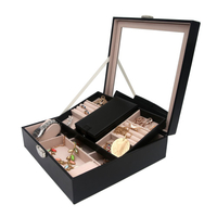 Custom Glass Double Layers Black Leather Necklace Rings Jewelry Box Packaging with Lock 